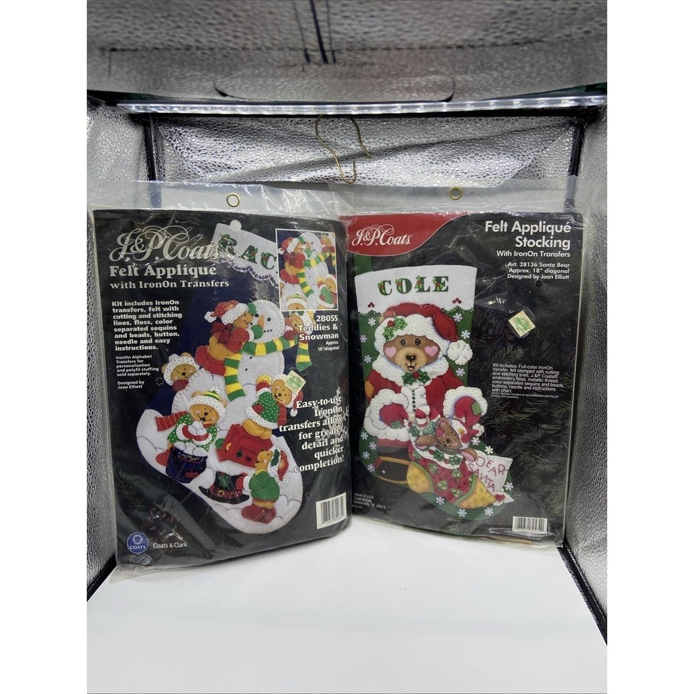 J&P Coats Felt Appliqué Teddies & Snowman/Santa Bear (2) Stocking Kits 18"